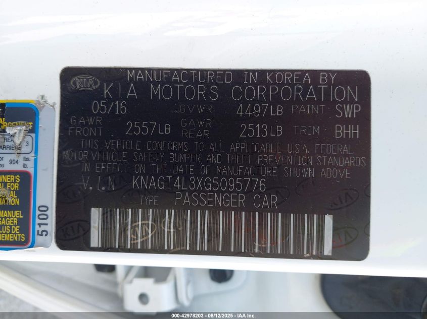 2016 Kia Optima Lx VIN: KNAGT4L3XG5095776 Lot: 42978203