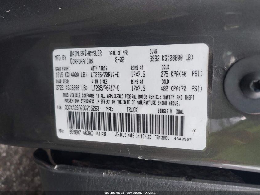 2003 Dodge Ram 2500 Slt/Laramie/St VIN: 3D7KA28D23G715263 Lot: 42978334