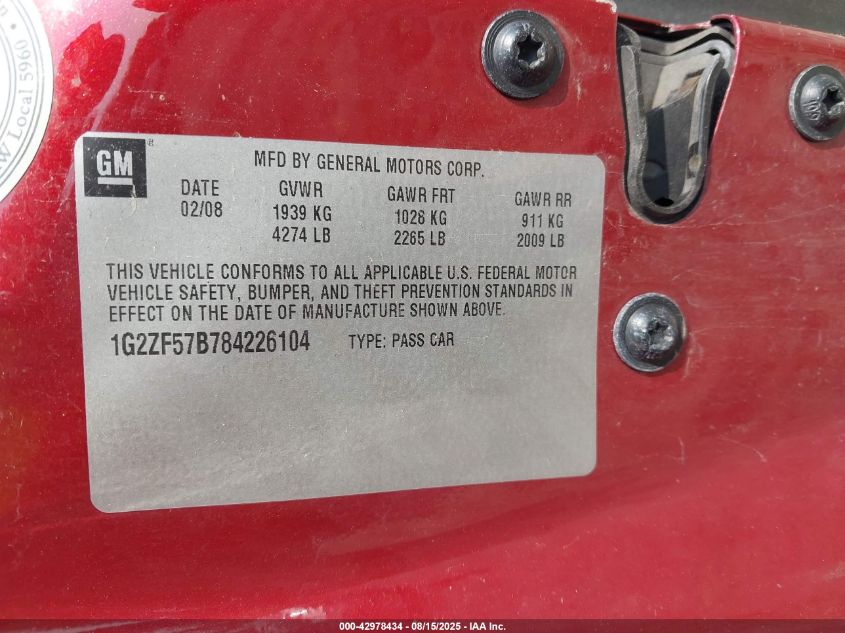 2008 Pontiac G6 Value Leader/Base VIN: 1G2ZF57B784226104 Lot: 42978434