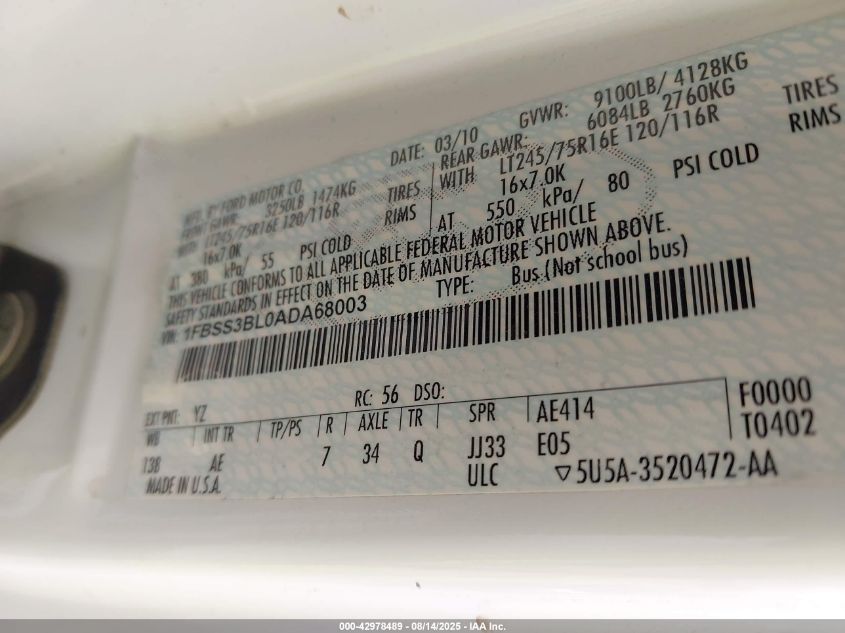 2010 Ford E-350 Super Duty Xl/Xlt VIN: 1FBSS3BLOADA68003 Lot: 42978489