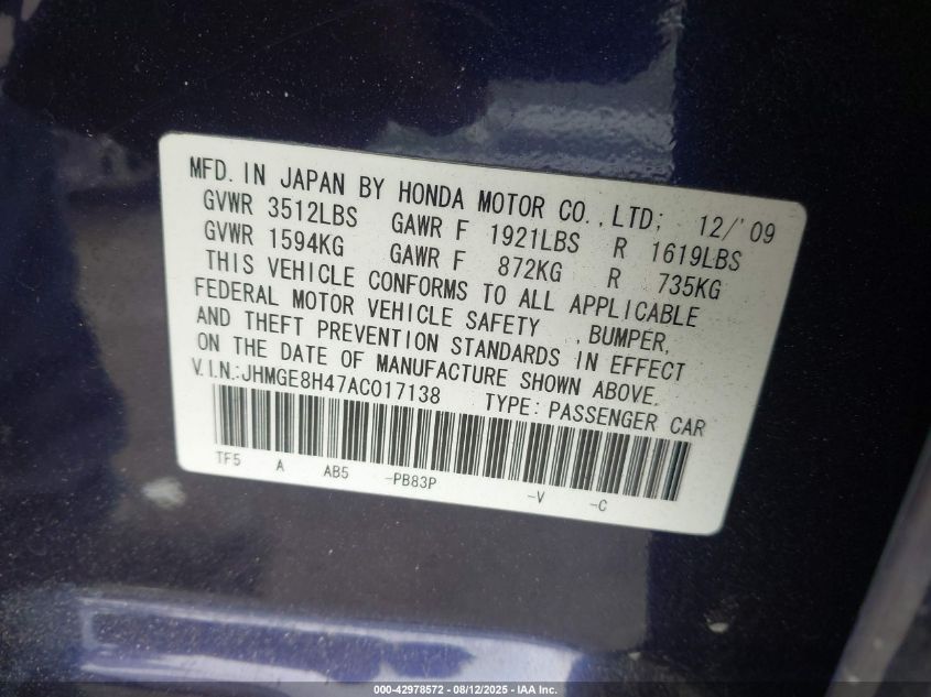 2010 Honda Fit Sport VIN: JHMGE8H47AC017138 Lot: 42978572