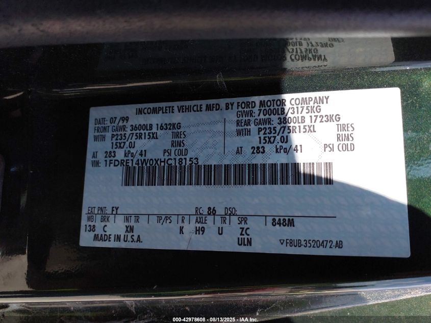 1999 Ford E-150 Commercial/Recreational VIN: 1FDRE14W0XHC18153 Lot: 42978608