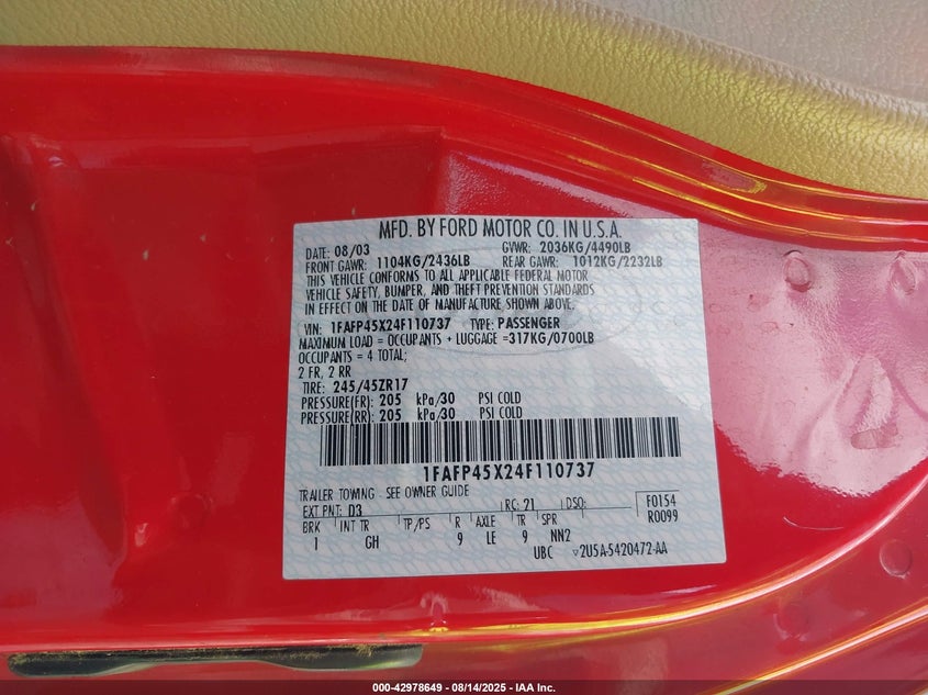 2004 Ford Mustang Gt VIN: 1FAFP45X24F110737 Lot: 42978649