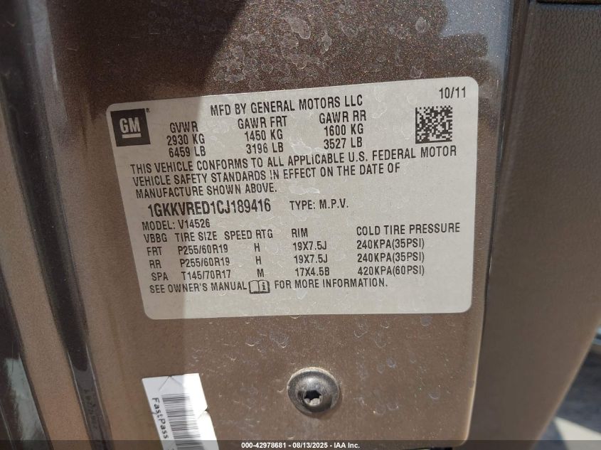 2012 GMC Acadia Slt-1 VIN: 1GKKVRED1CJ189416 Lot: 42978681