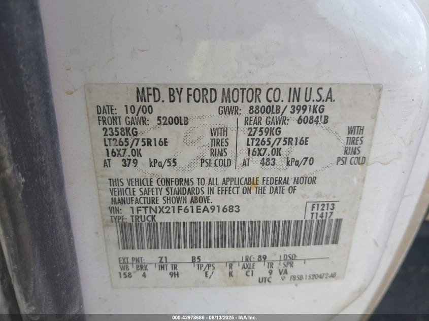 2001 Ford F-250 Lariat/Xl/Xlt VIN: 1FTNX21F61EA91683 Lot: 42978686