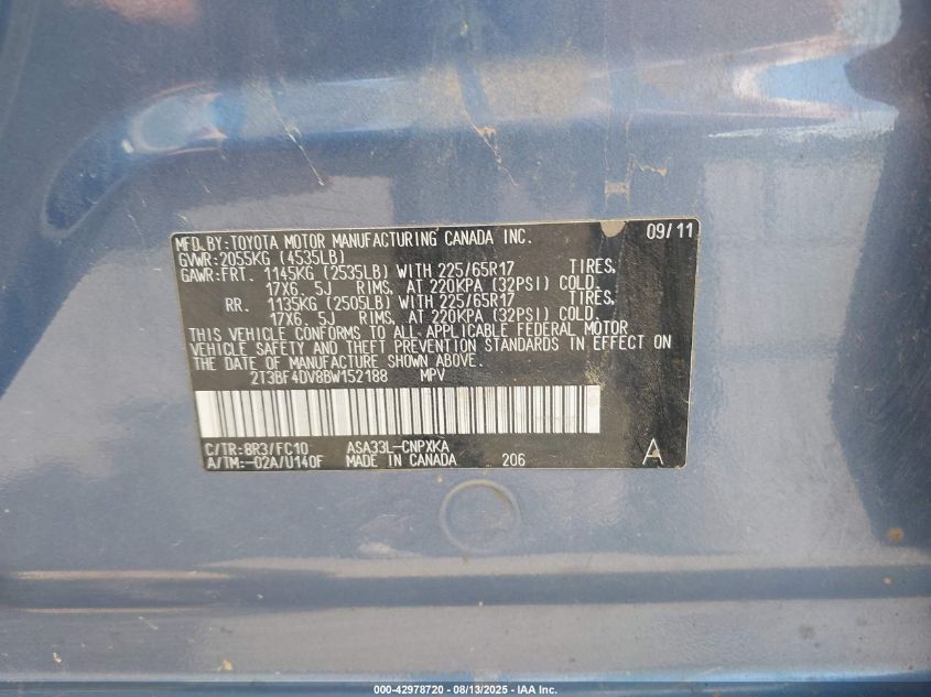 2011 Toyota Rav4 VIN: 2T3BF4DV8BW152188 Lot: 42978720