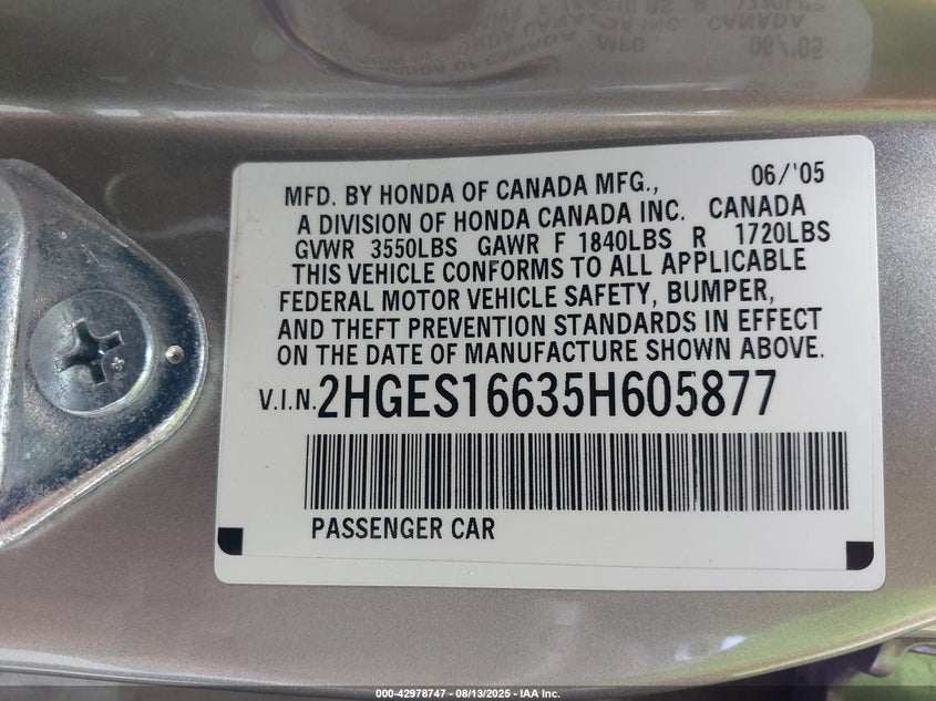 2005 Honda Civic Lx VIN: 2HGES16635H605877 Lot: 42978747