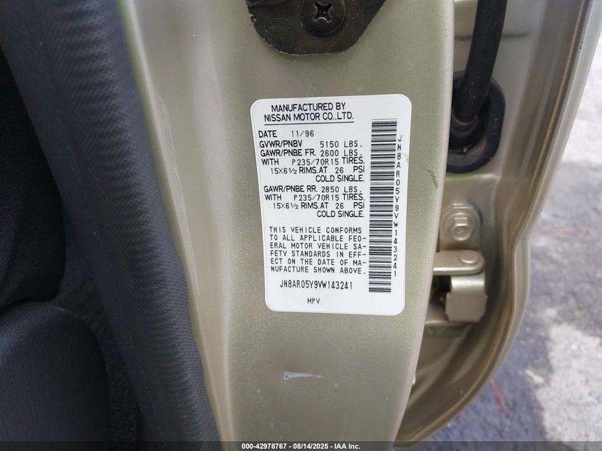1997 Nissan Pathfinder Le/Se/Xe VIN: JN8AR05Y9VW143241 Lot: 42978767