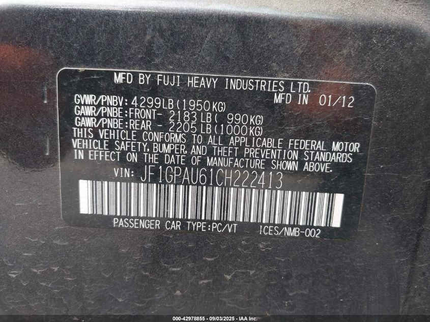 2012 Subaru Impreza 2.0I Sport Limited VIN: JF1GPAU61CH222413 Lot: 42978855
