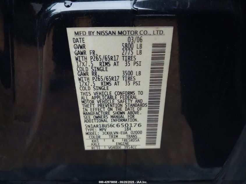 2006 Nissan Pathfinder Le VIN: 5N1AR18U56C650176 Lot: 42978858