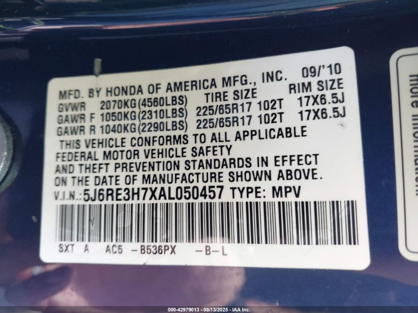 2010 Honda Cr-V Ex-L VIN: 5J6RE3H7XAL050457 Lot: 42979013