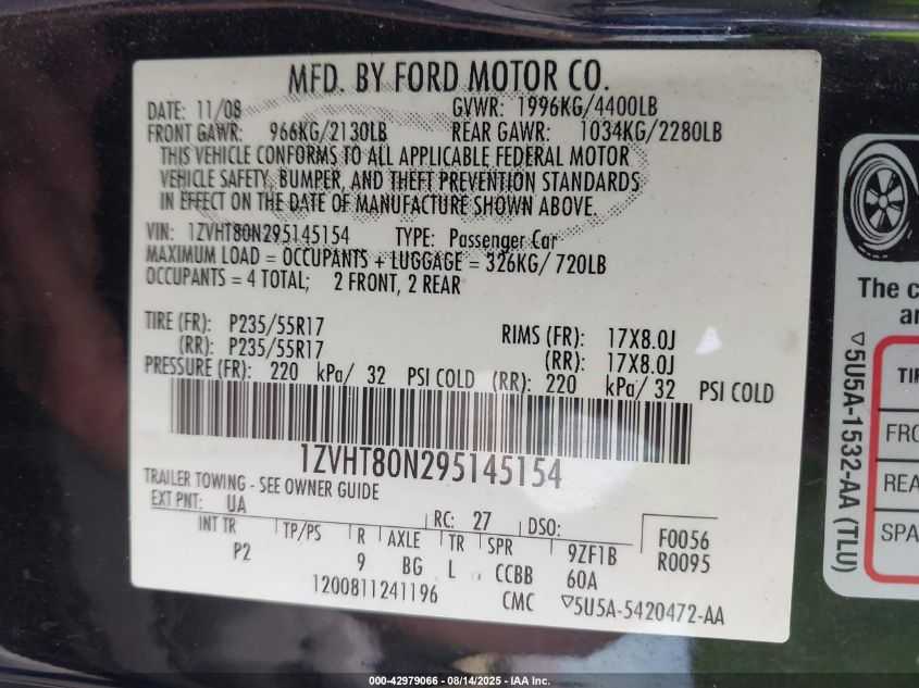 2009 Ford Mustang V6/V6 Premium VIN: 1ZVHT80N295145154 Lot: 42979066