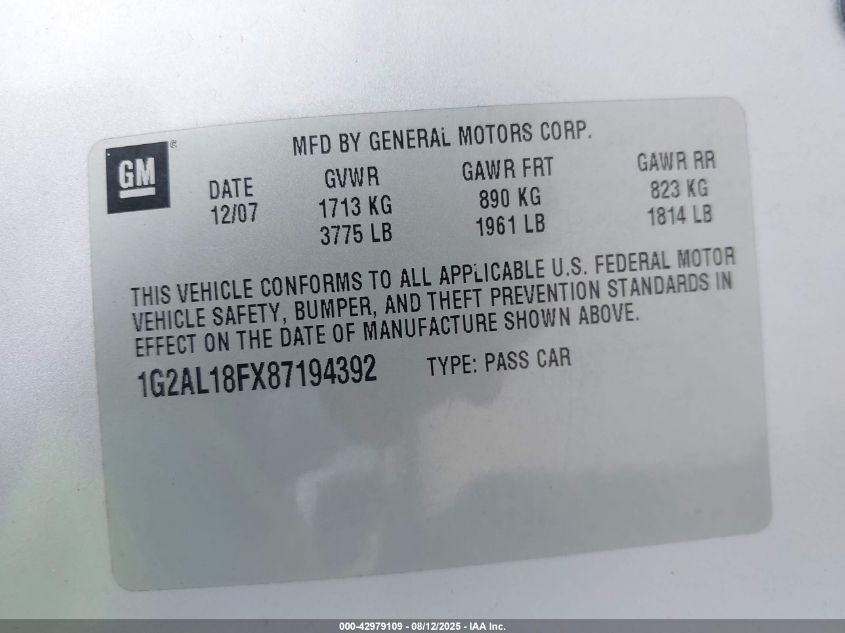 2008 Pontiac G5 VIN: 1G2AL18FX87194392 Lot: 42979109