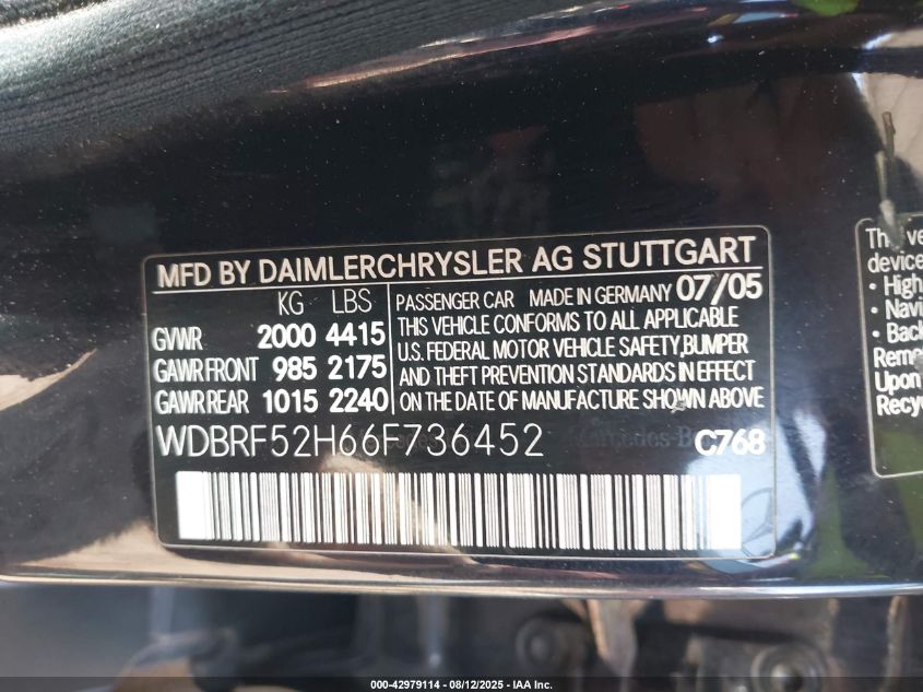 2006 Mercedes-Benz C 230 Sport VIN: WDBRF52H66F736452 Lot: 42979114
