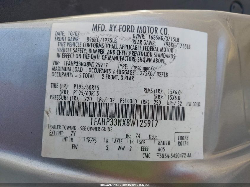 2008 Ford Focus Se/Ses VIN: 1FAHP33NX8W125917 Lot: 42979155