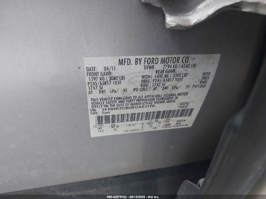 2011 Ford Explorer VIN: 1FMHK7B80BGA53179 Lot: 42979182