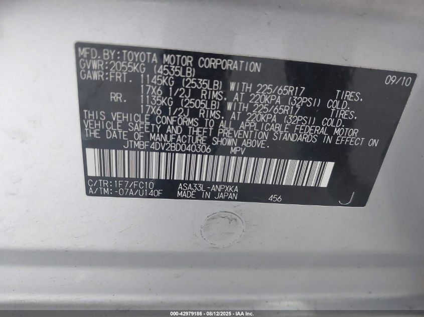 2011 Toyota Rav4 VIN: JTMBF4DV2BD040306 Lot: 42979186