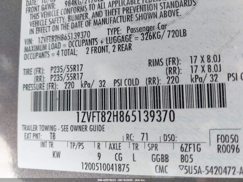 2006 Ford Mustang Gt VIN: 1ZVFT82H865139370 Lot: 42979223