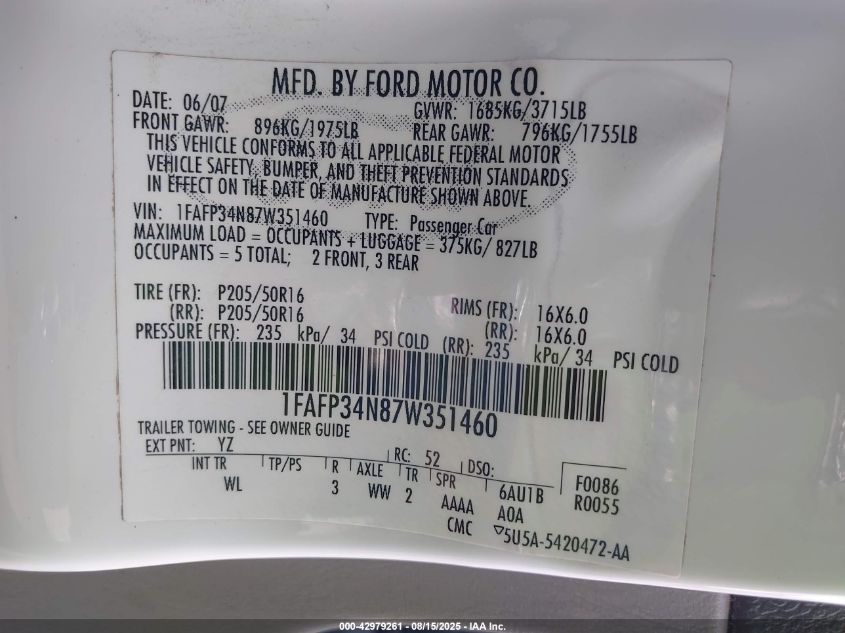 2007 Ford Focus S/Se/Ses VIN: 1FAFP34N87W351460 Lot: 42979261