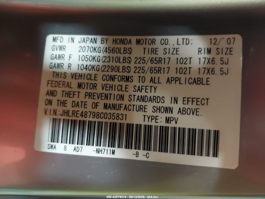 2008 Honda Cr-V Ex-L VIN: JHLRE48798C035831 Lot: 42979314