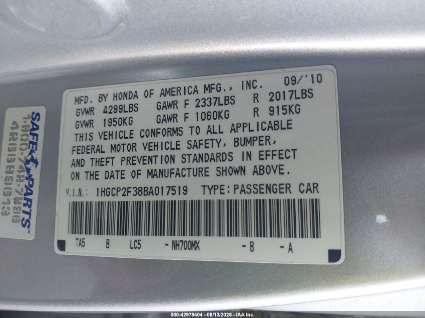 2011 Honda Accord 2.4 Lx VIN: 1HGCP2F38BA017519 Lot: 42979404