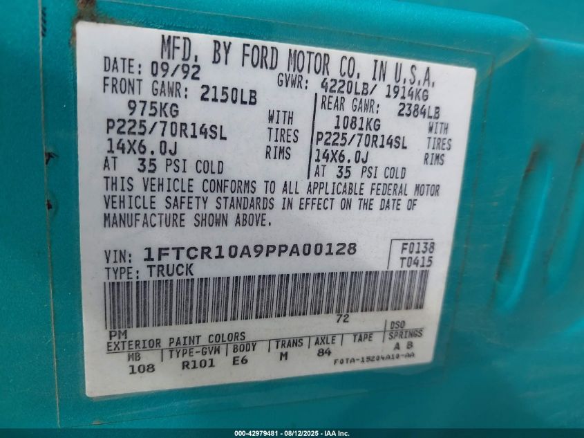 1993 Ford Ranger VIN: 1FTCR10A9PPA00128 Lot: 42979481