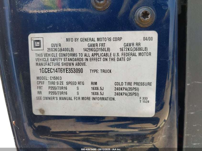 2000 Chevrolet Silverado 1500 VIN: 1GCEC14T6YE353090 Lot: 42979490