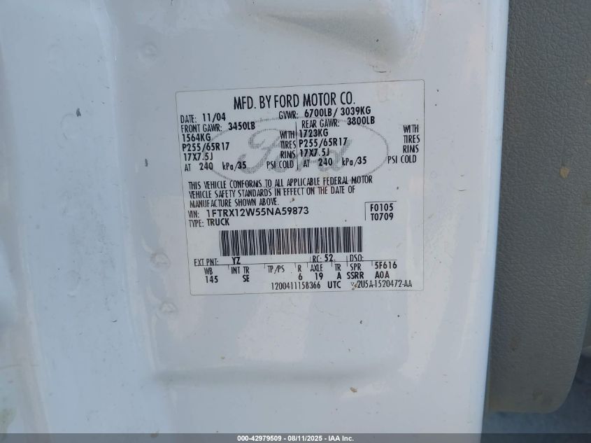 2005 Ford F-150 Stx/Xl/Xlt VIN: 1FTRX12W55NA59873 Lot: 42979509