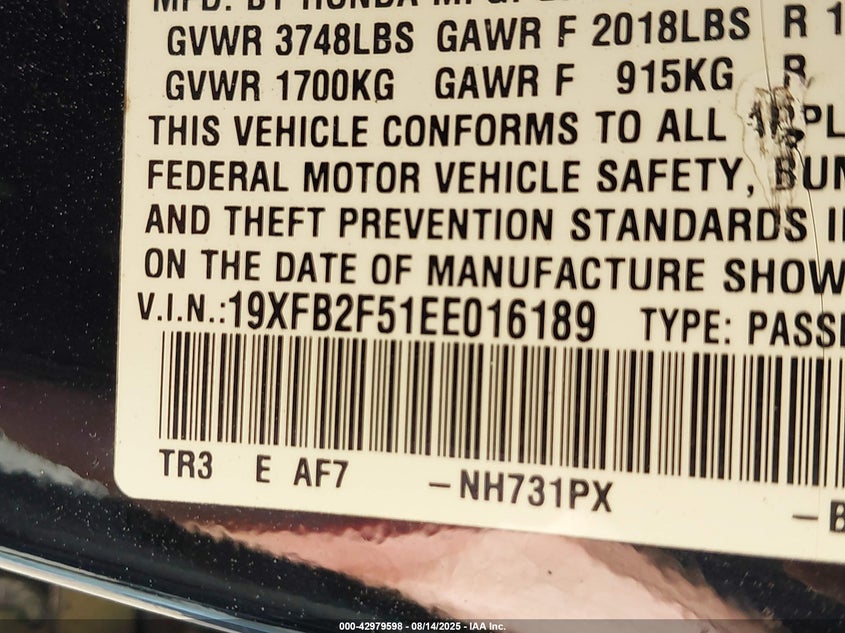 2014 HONDA CIVIC LX - 19XFB2F51EE016189