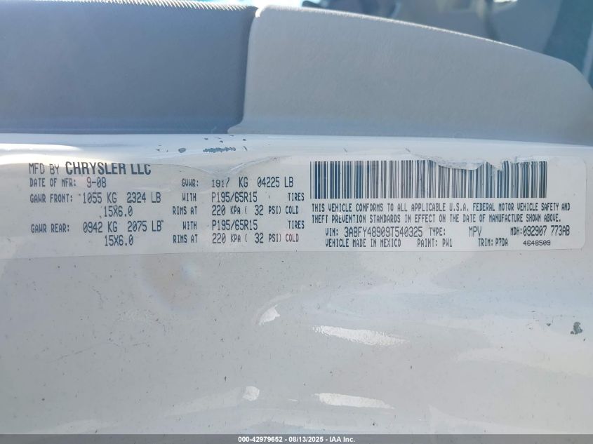 2009 Chrysler Pt Cruiser Lx VIN: 3A8FY48909C540325 Lot: 42979652