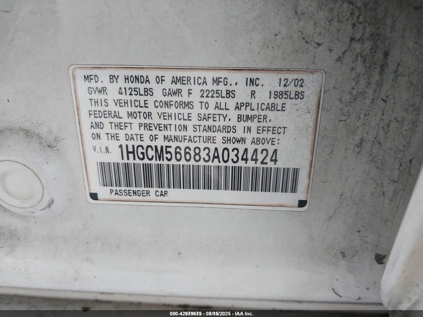 2003 Honda Accord 2.4 Ex VIN: 1HGCM56683A034424 Lot: 42979679