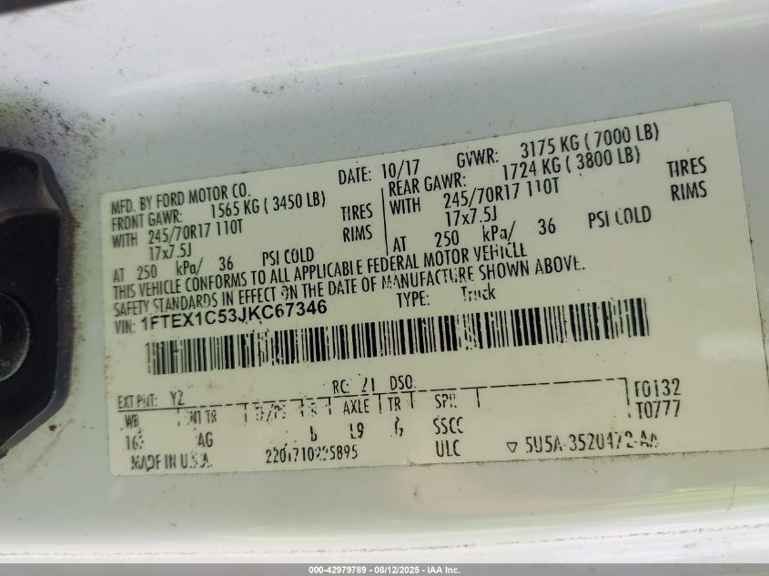2018 Ford F-150 Xl VIN: 1FTEX1C53JKC67346 Lot: 42979789
