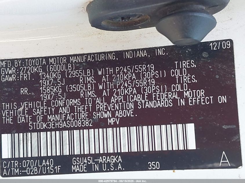 2010 Toyota Highlander Limited V6 VIN: 5TDDK3EH9AS008382 Lot: 42979794