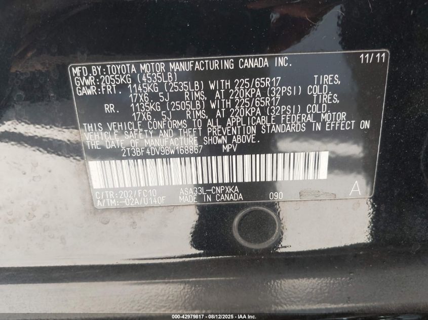 2011 Toyota Rav4 VIN: 2T3BF4DV9BW168867 Lot: 42979817