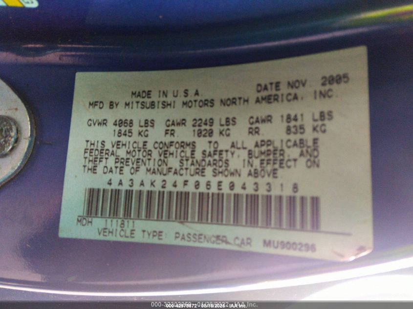 2006 Mitsubishi Eclipse Gs VIN: 4A3AK24F06E043318 Lot: 42979872