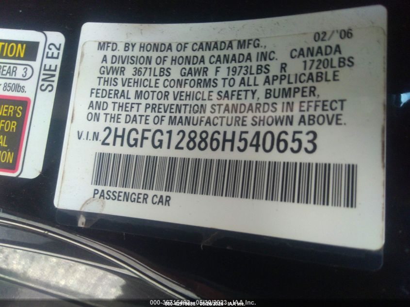 2006 Honda Civic Ex VIN: 2HGFG12886H540653 Lot: 42979888