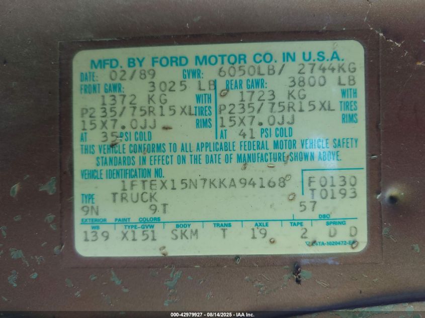 1989 Ford F150 VIN: 1FTEX15N7KKA94168 Lot: 42979927