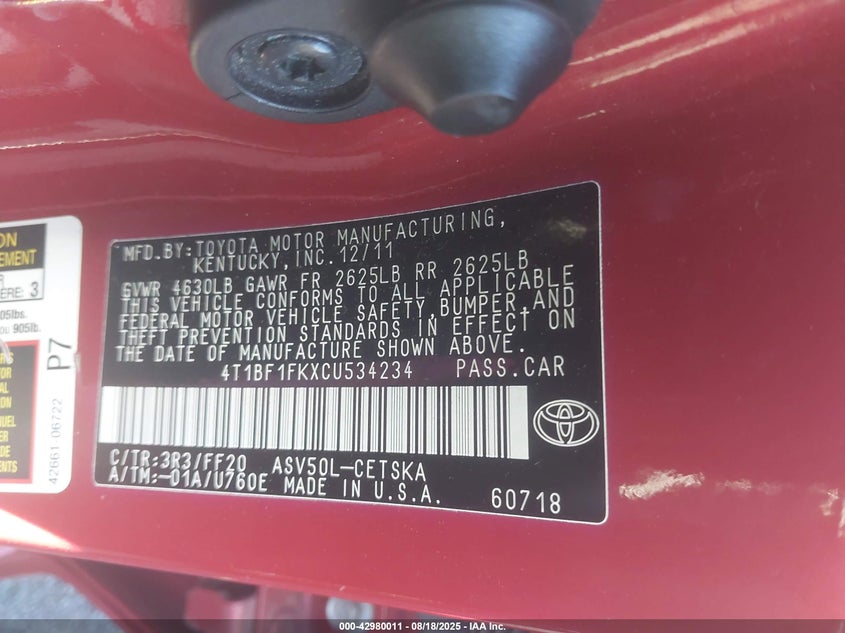 2012 Toyota Camry Se VIN: 4T1BF1FKXCU534234 Lot: 42980011