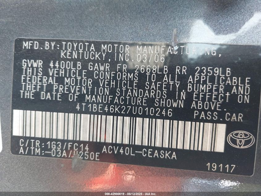 2007 Toyota Camry Se VIN: 4T1BE46K27U010246 Lot: 42980019