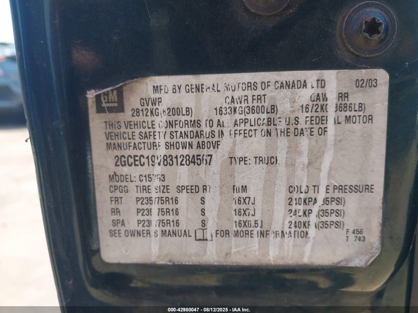 2003 Chevrolet Silverado 1500 Ls VIN: 2GCEC19V831284567 Lot: 42980047