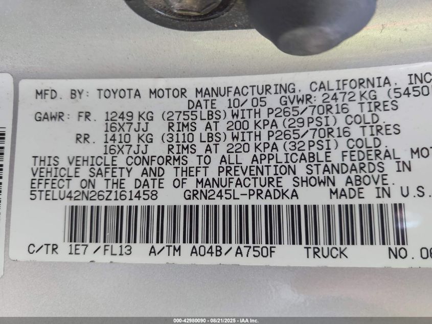2006 Toyota Tacoma Base V6 VIN: 5TELU42N26Z161458 Lot: 42980090