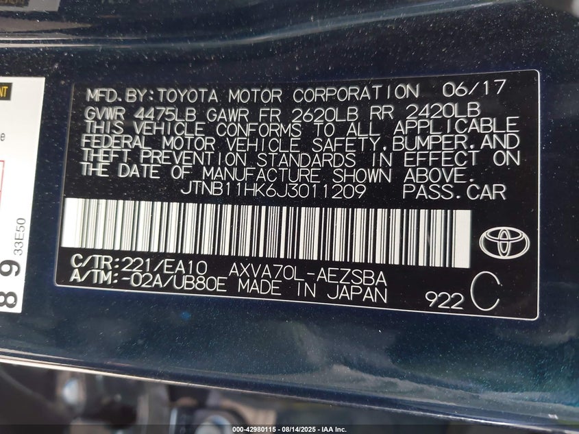 2018 Toyota Camry Se VIN: JTNB11HK6J3011209 Lot: 42980115