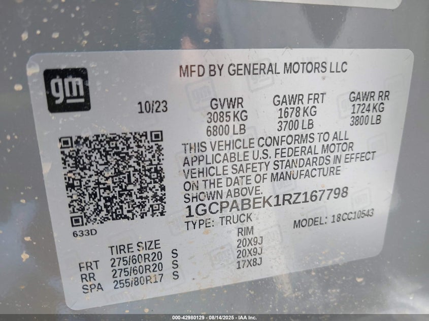 2024 CHEVROLET SILVERADO 1500 2.7L I-4 DI, DOHC, V(VIN: 1GCPABEK1RZ167798