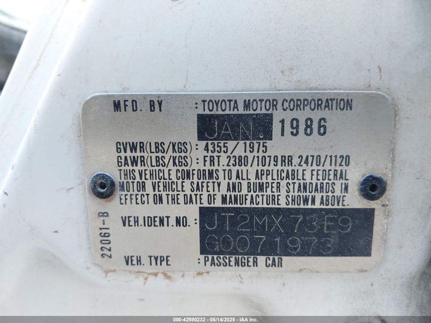 1986 Toyota Cressida Luxury VIN: JT2MX73E9G0071973 Lot: 42980232