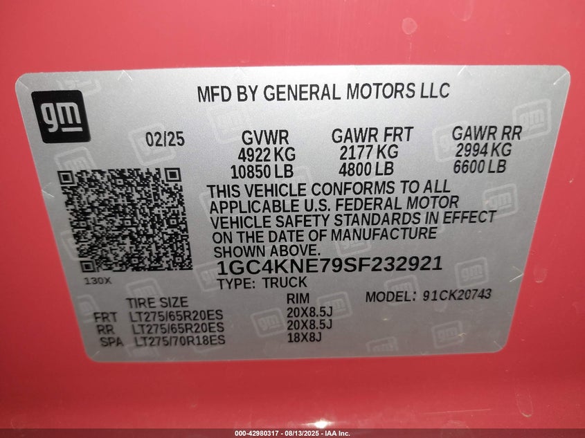2025 CHEVROLET SILVERADO 2500HD(VIN: 1GC4KNE79SF232921