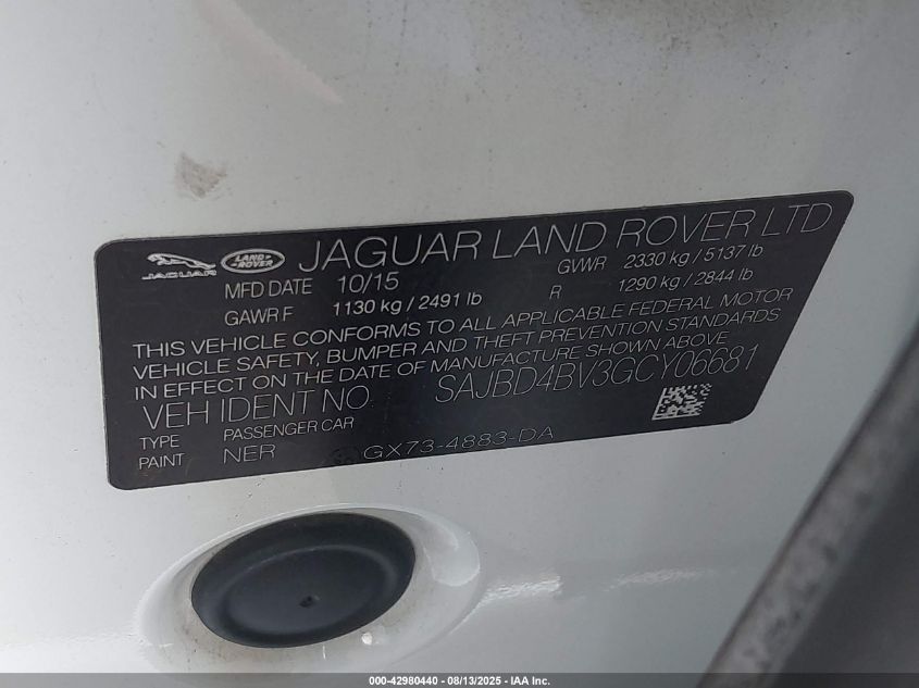 2016 Jaguar Xf 35T Premium VIN: SAJBD4BV3GCY06681 Lot: 42980440