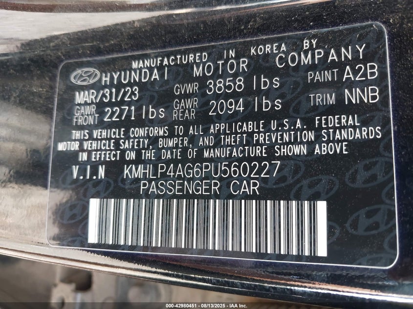 2023 HYUNDAI ELANTRA 2.0L I-4 DOHC, VVT, (VIN: KMHLP4AG6PU560227