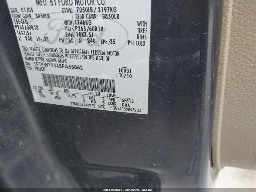 2005 Ford F-150 Lariat/Xlt VIN: 1FTPW12545FA65062 Lot: 42980641