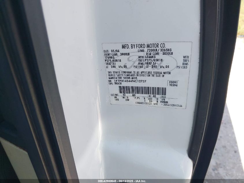 2004 Ford F-150 Fx4/Lariat/Xl/Xlt VIN: 1FTPX14544NC12737 Lot: 42980645