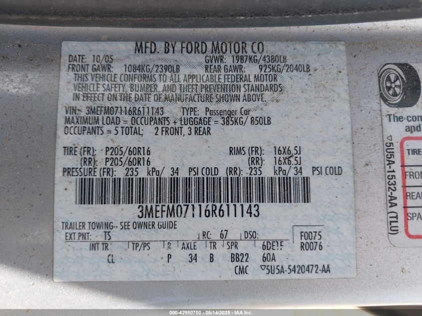 2006 Mercury Milan V6 VIN: 3MEFM07116R611143 Lot: 42980700